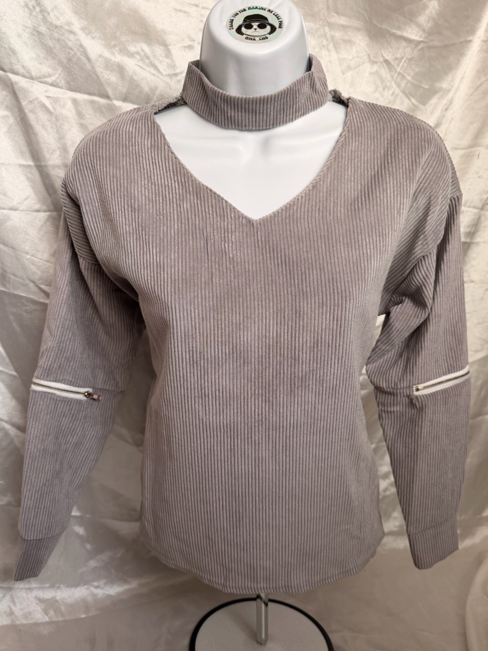 Gray V-Neck Ribbed Cutout Choker Sweater